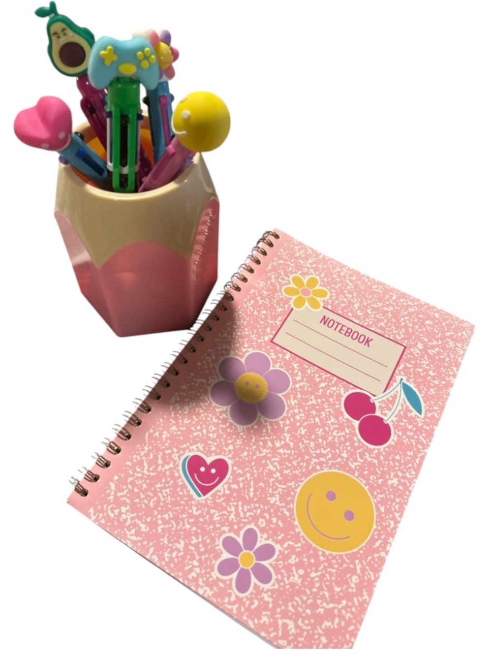 Floral & Emoji Spiral Notebook with Cute Pen Set